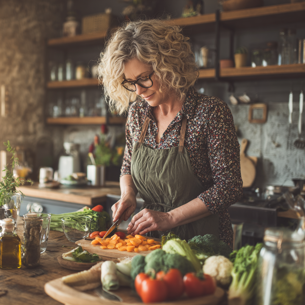 middle-aged woman preparing healthy meal with fresh vegetables in modern kitchen